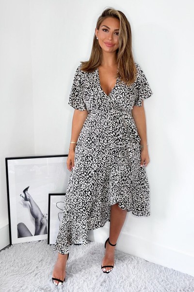 Black And White Printed Frill Hem Short Sleeve Midi Dress